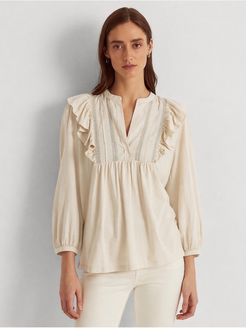 Ralph Lauren Ivory Lace-Trim Ruffle Peasant Top